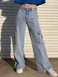 Clacive Fashion Women's Cargo Jeans Y2K High Street Waist Denim Trousers Drawstring Waist Flap Pocket Baggy Jeans Loose Women's Classic