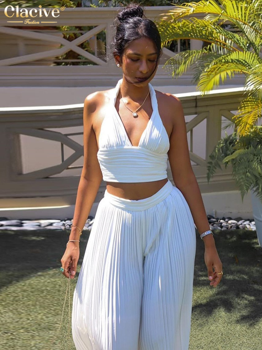 Clacive Sexy Halter Crop Top Set Woman 2 Piece Chic Summer Bodycon High Waist Pants Set Lady Fashion White Pleated Trouser Suits