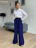 Clacive Fashion Blue Office Women'S Pants 2021 Elegant Loose High Waist Wide Trousers Ladies Casual Full Length Pants For Women