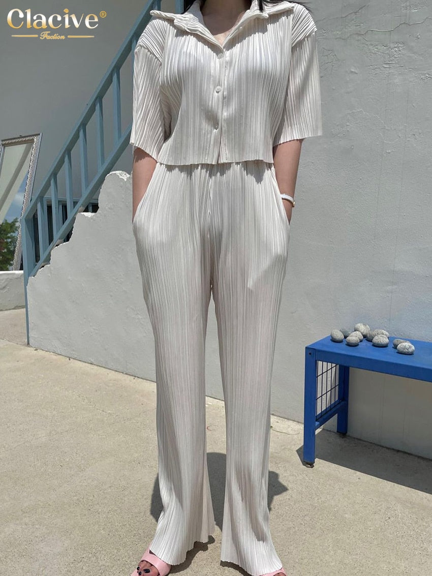 Clacive Summer Short Sleeve Shirts Two Piece Set Women Fashion High Waist White Trouser Suits Female Casual Pleated Pants Set
