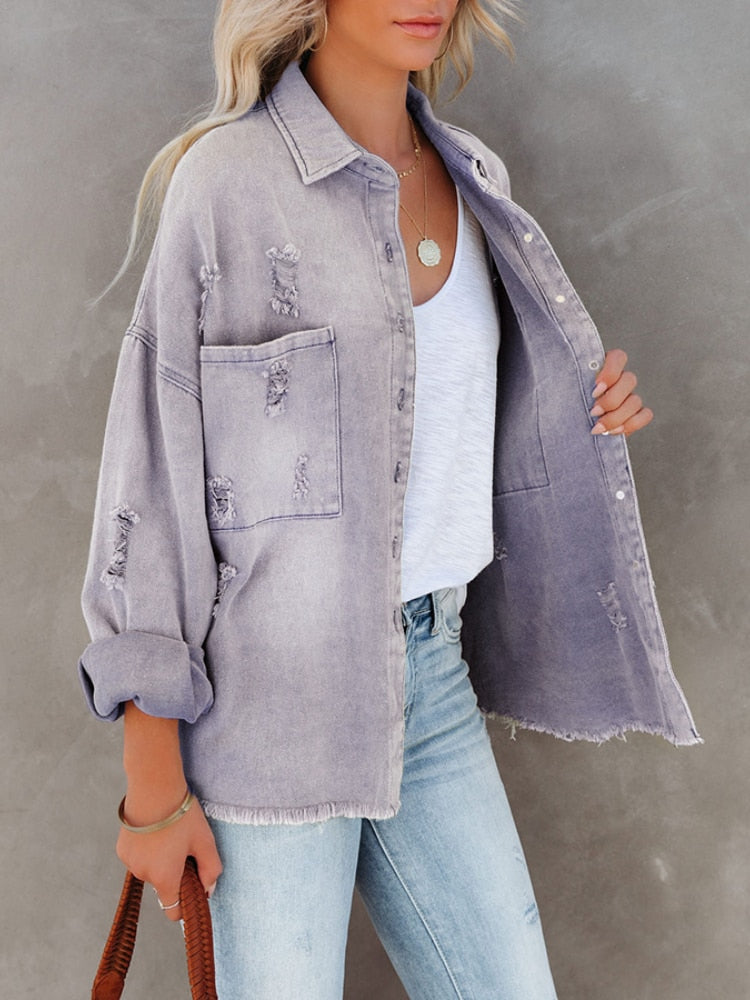 Fall outfits Back to school Jackets for Women 2023 Spring Autumn New Lapel Long Sleeve Denim Coat Vintage Clothing Streetwear Ladies Tops Women Coats Frayed