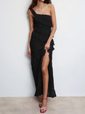 Clacive Fall outfits New Fashion Women Slip Dress Sleeveless One-Shoulder Ruffled Slip Dress Summer Long Slit Dress For Cocktail Party Street Style
