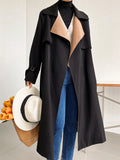 Clacive Fashion Patchwork Trench Coat Femme Turn-Down Collar Belt Pockets Long Jacket Tops Casual Elegant Office Lady Coat Top
