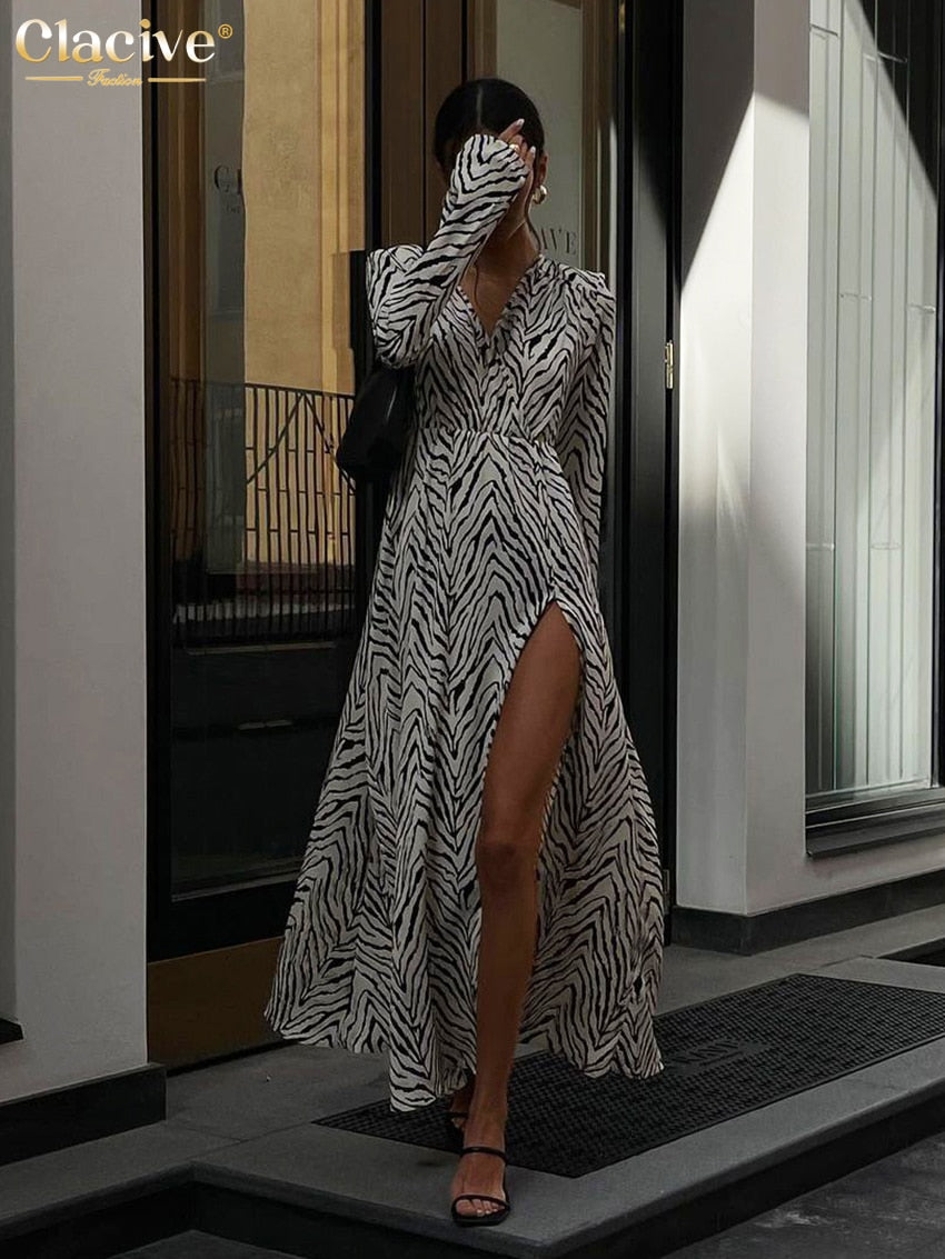 Clacive Sexy V-Neck Print Elegant Dresses For Women Fashion Long Sleeve Slit Midi Dress Female Casual Bodycon Zebra Party Dress