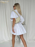 Clacive Fashion Office White Dress Lady Summer Casual Lapel Short Sleeve Mini Dress Shirt Elegant Loose Dresses For Women