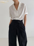 Clacive Summer Lapel Fashion Woman Blouses  Elegant Loose Short Sleeve Office White Shirts Casual Black Tops Female Clothing