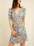 Clacive Women's Fruit Print 100% Viscose Wrap Mini Dress  Summer New Ladies Short Sleeve V-Neck Button Short Robes