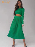 Clacive Free Shipping Knitted Women Two Piece Set Short Sweater Top & High Waist Pleated Skirt Casual Knit Sets Casual Female Streetwear