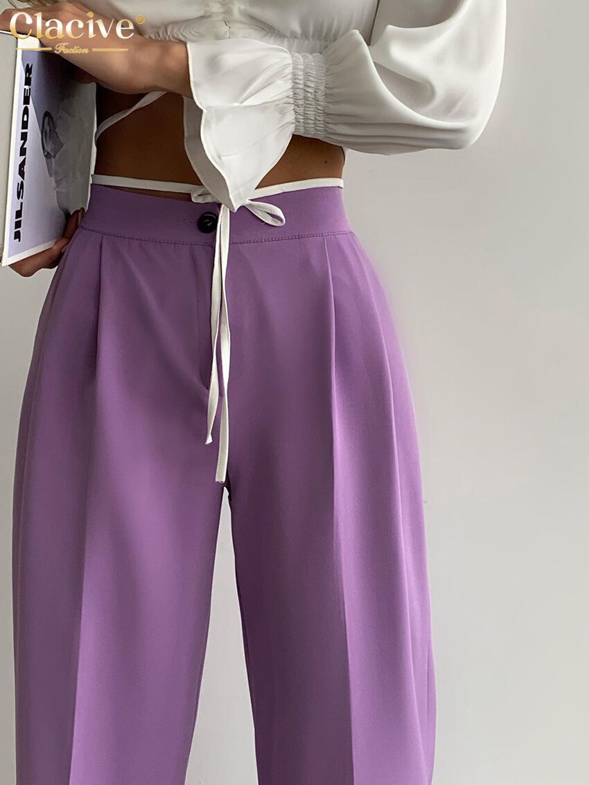 Clacive Fashion Purple Office Women's Pants  Elegant High Waist Straight Pants Casual Classic Pleated Female Trousers