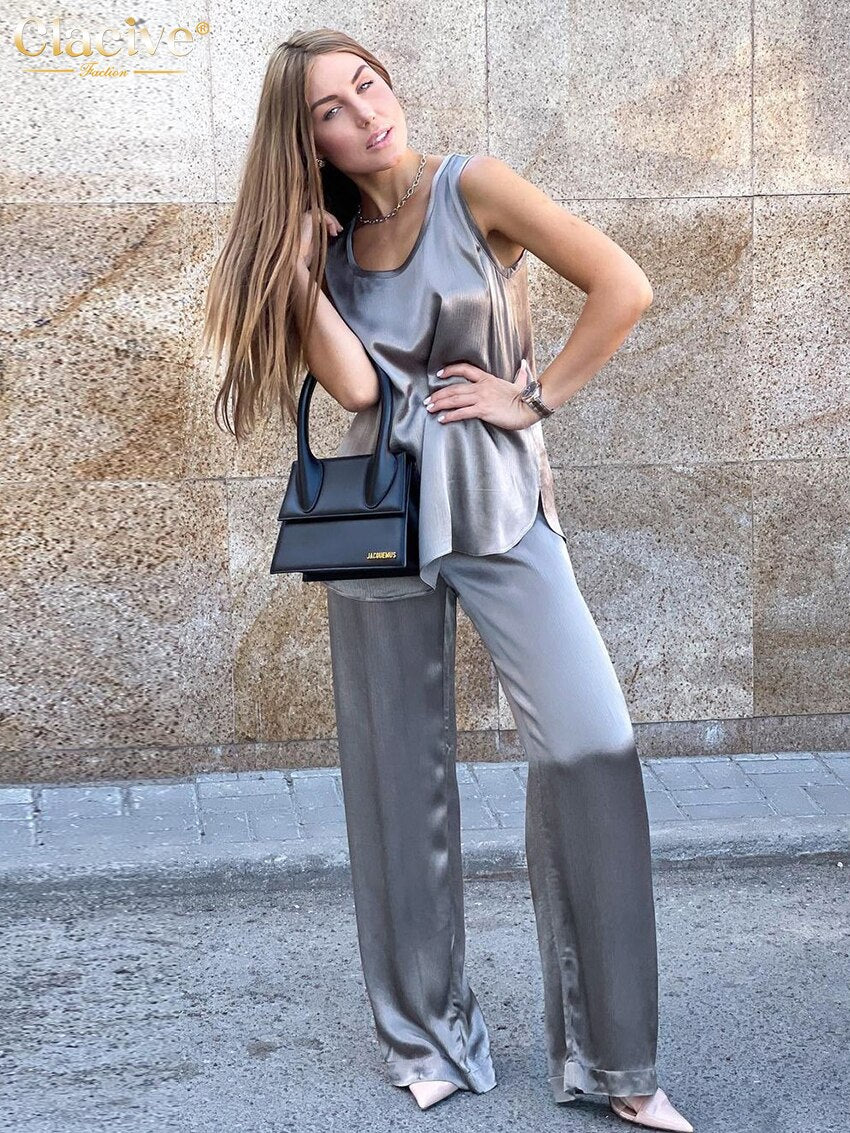 Clacive Summer Sleeveless Tank Top Two Piece Pants Set Casual Loose Silver Wide Trouser Suits Elegant Brown Home Suit For Women