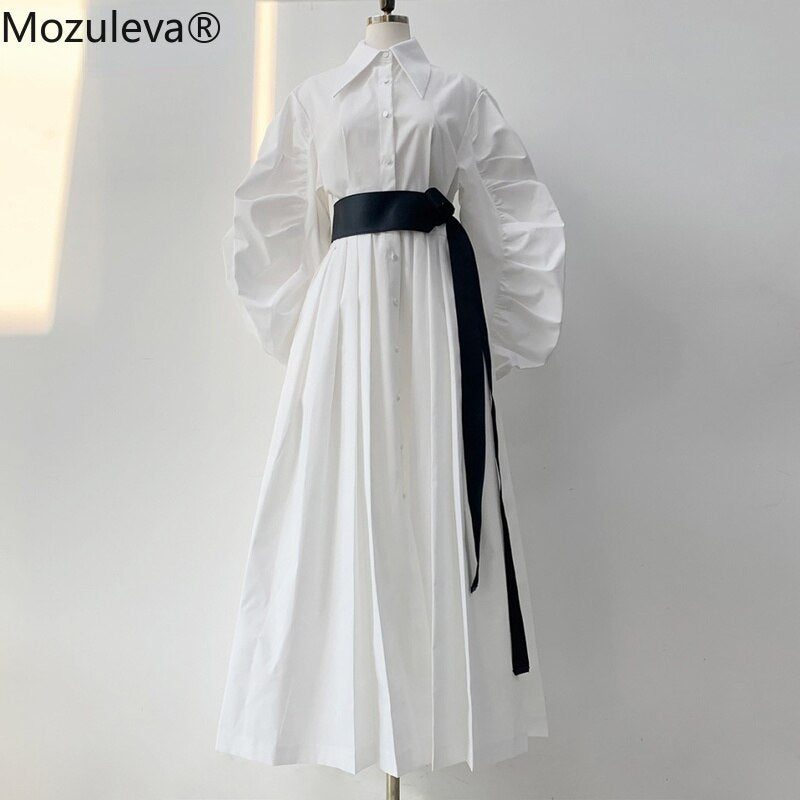 Clacive  Fashion Ruched Sleeve Ladies Shirt Dress Turn-Down Collar Single-Breasted Belted Women Pleated Dresses Vestidos