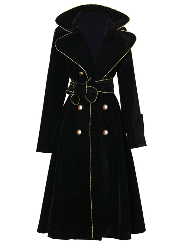 Clacive  Spring Autumn Long Black Velvet Trench Coat For Women With Gold Trim Sashes Double Breasted Luxury Designer Fashion
