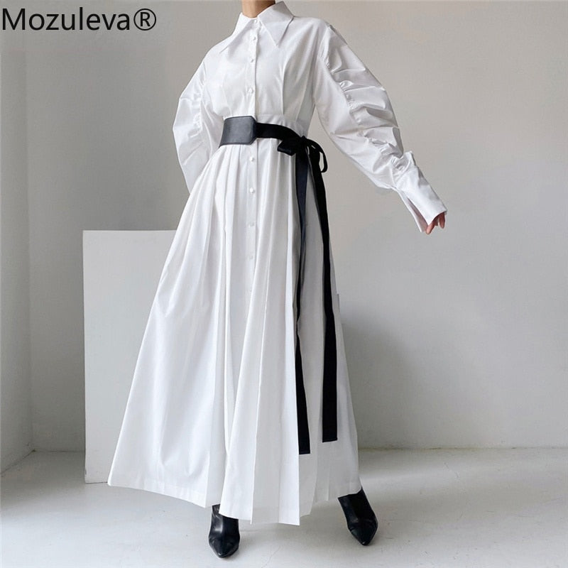 Clacive  Fashion Ruched Sleeve Ladies Shirt Dress Turn-Down Collar Single-Breasted Belted Women Pleated Dresses Vestidos