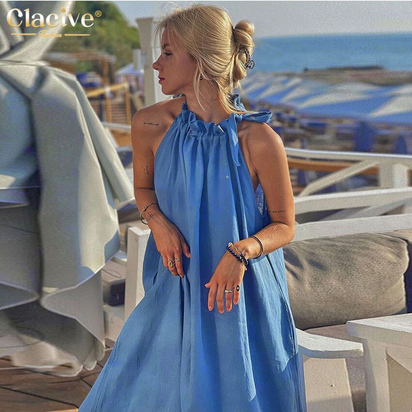Clacive Summer Blue Linen Dress Ladies Casual Loose Sleevelss Lace-Up Midi Dress Elegant Pockets Beach Dresses For Women