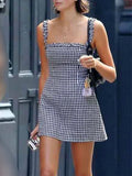 Clacive  New Summer Women Plaid Sling Mini Dress Ladies Square Collar Off-Shoulder Backless Short Dresses