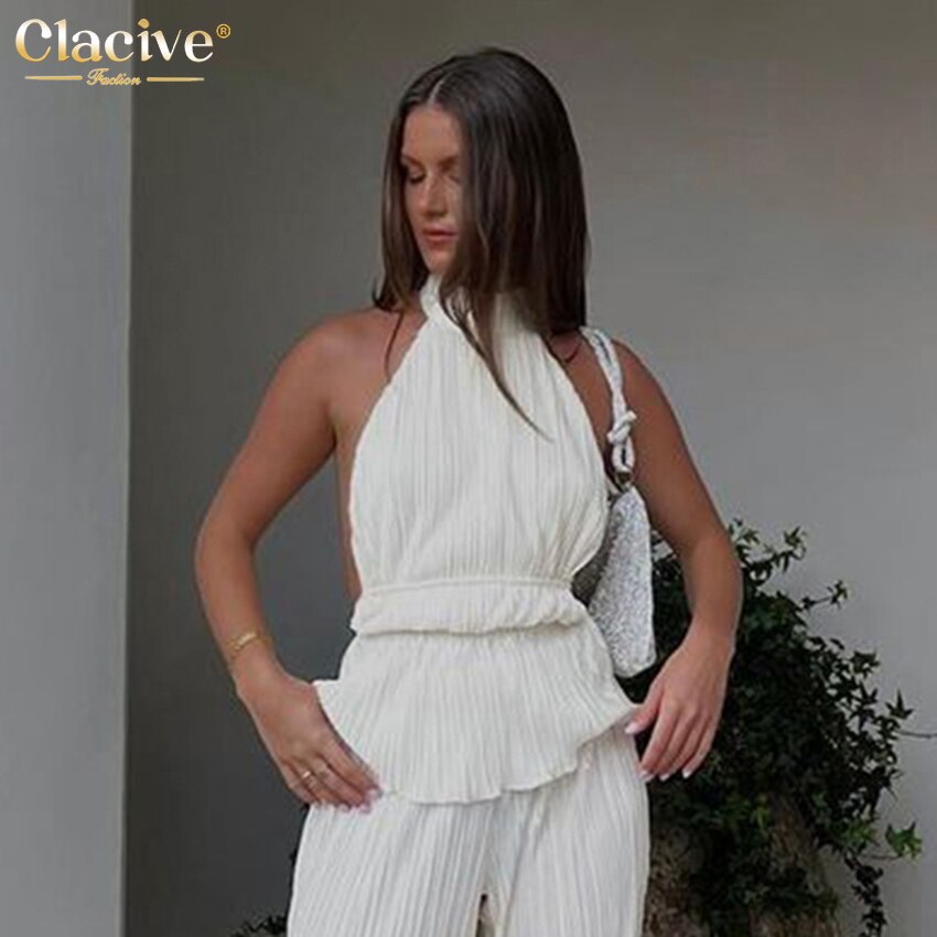 Clacive Sexy Black Y2k Tank Top Women Summer Bodycon Sleeveless Backless Camisole Fashion Slim White Pleated Camis Female Tops