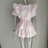 Clacive  Summer Short Sleeve Vocation Women White Mini Dress Holiday Lace Ruffled Dress Pink
