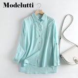 Clacive   New Spring Fashion Long Sleeve Folded Sleeves Linen Shirt Women Casual Solid Color Blouses Simple Tops Female