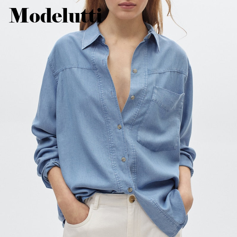 Clacive   New Spring Summer Fashionable Long Sleeve Pocket Shirt Women Solid Color Blouses Simple Casual Tops Female