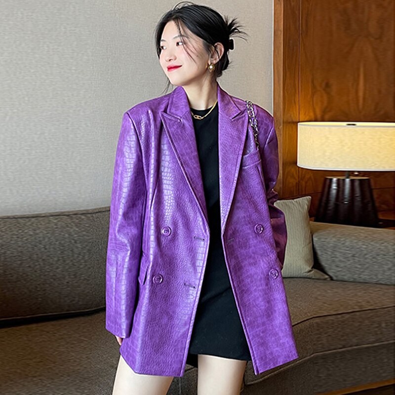 Clacive  Autumn Oversized Shiny Purple Crocodile Pattern Faux Leather Blazer Women Long Sleeve Double Breasted Y2K Jacket Fashion