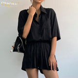 Clacive Summer Short Sleeve Shirt Two Piece Set Women Fashion Loose High Waist Shorts Set Elegant Black Office Suits With Shorts