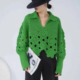 Fall outfits Women Clothes Woven Hollowed Out Sweater Korean Spring Design  Lapel Pullovers Knitted Fashion Irregular Jumpers Short Tops P174