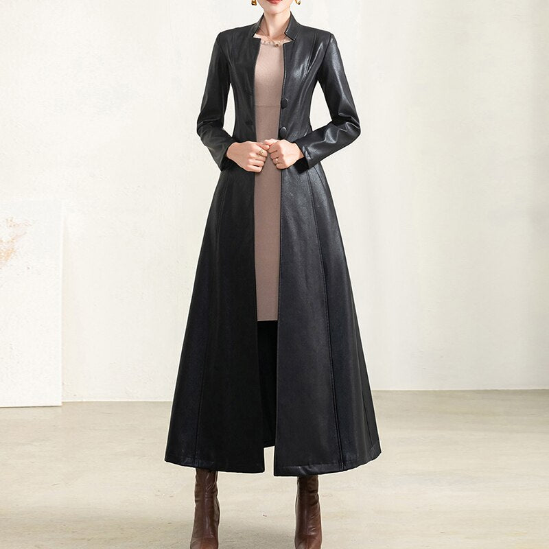 Clacive  Spring Autumn Long Black Soft Waterproof Faux Leather Coat Women Belt Long Sleeve Single Breasted Luxury Fashion