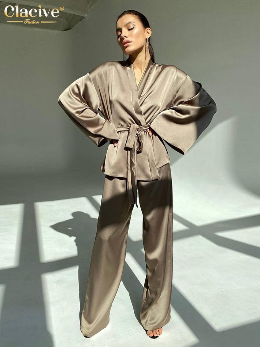 Clacive Fashion Loose Satin Pants Set Women Casual Long Sleeve Shirts Wide Trousers Suits Elegant Home Wear Two Piece Robe Sets