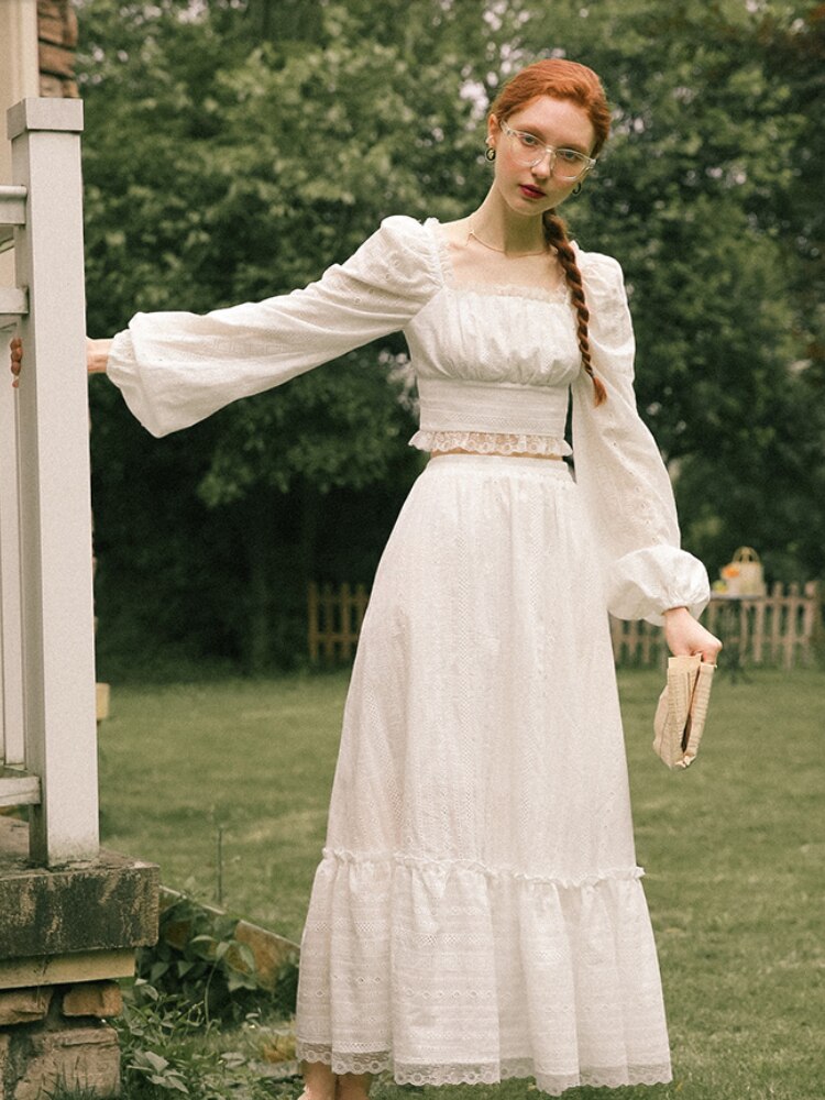 Fall outfits back to school   White Dress Sets Women Elegant Slim Embroidery Hollow Out Long Dress Korean Short Shirts+Long Skirt Two Piece Dress