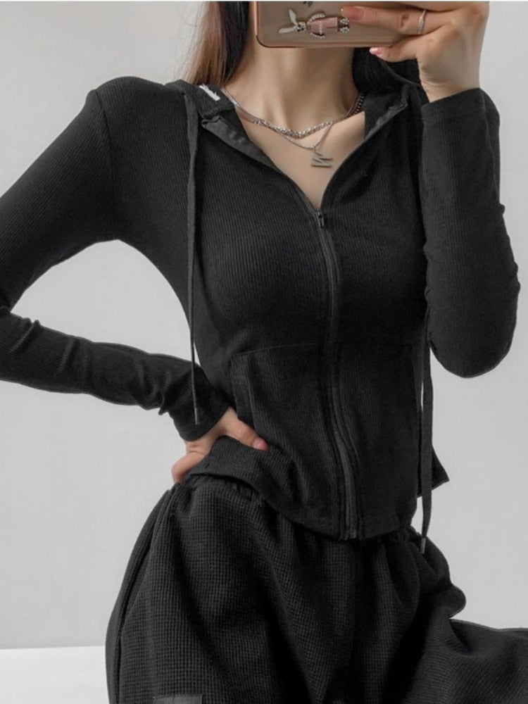 Back to school  Gothic Streetwear Zip Up Oversized T Shirts Women Vintage Sexy Solid Hooded Cardigan Long Sleeve Cropped Tops Tracksuit