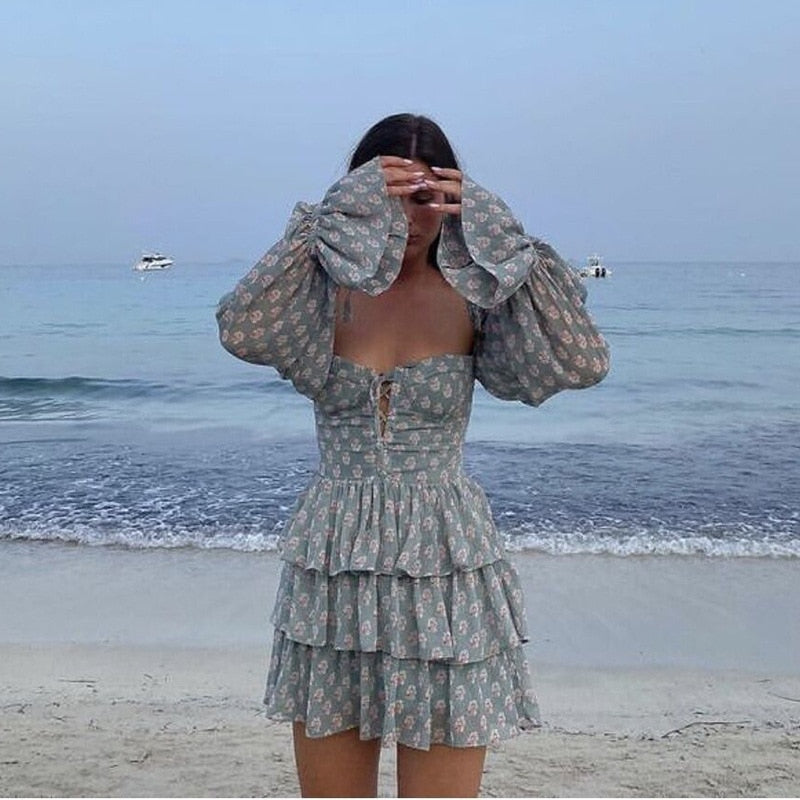 Clacive  Holiday Women Long Sleeve Ruffled Vocation Mini Dress Beach Layer Female Dress