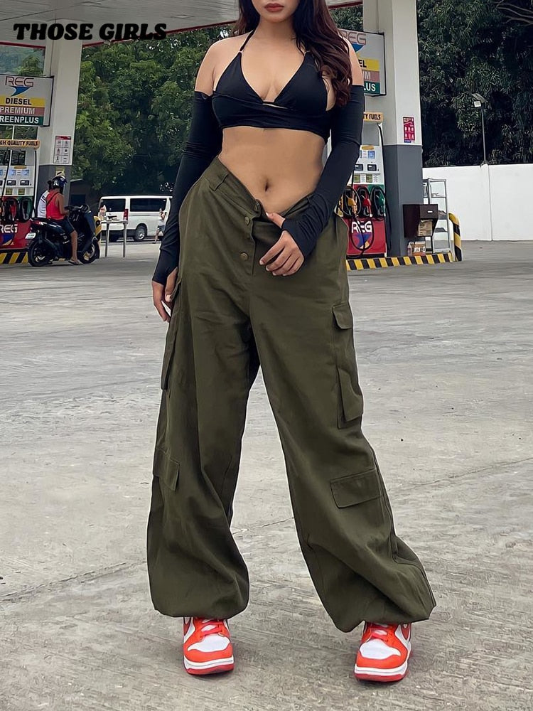 Clacive Green Cargo Pants Women Streetwear Fashion Overalls Big Pocket Patchwork Casual Pants Drawstring Low Waist Baggy Trouser Lady