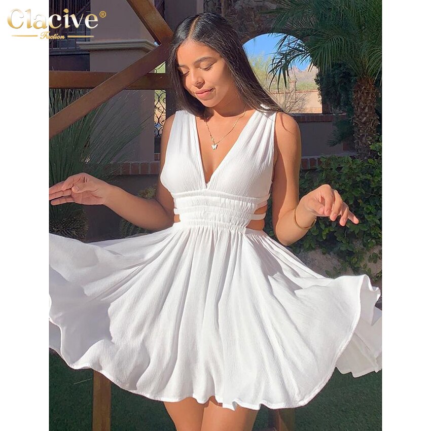 Clacive Sexy V-neck White Dress Ladies Summer Bodycon Sleeveless Hollow Out Mini Dress Elegant Pleated Party Dresses For Women