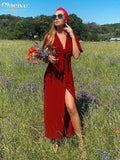 Clacive Sexy V-Neck Dresses Woman Spring Summer  Bodycon Red Short Sleeve Midi Dress Elegant Single-Breasted Female Dress