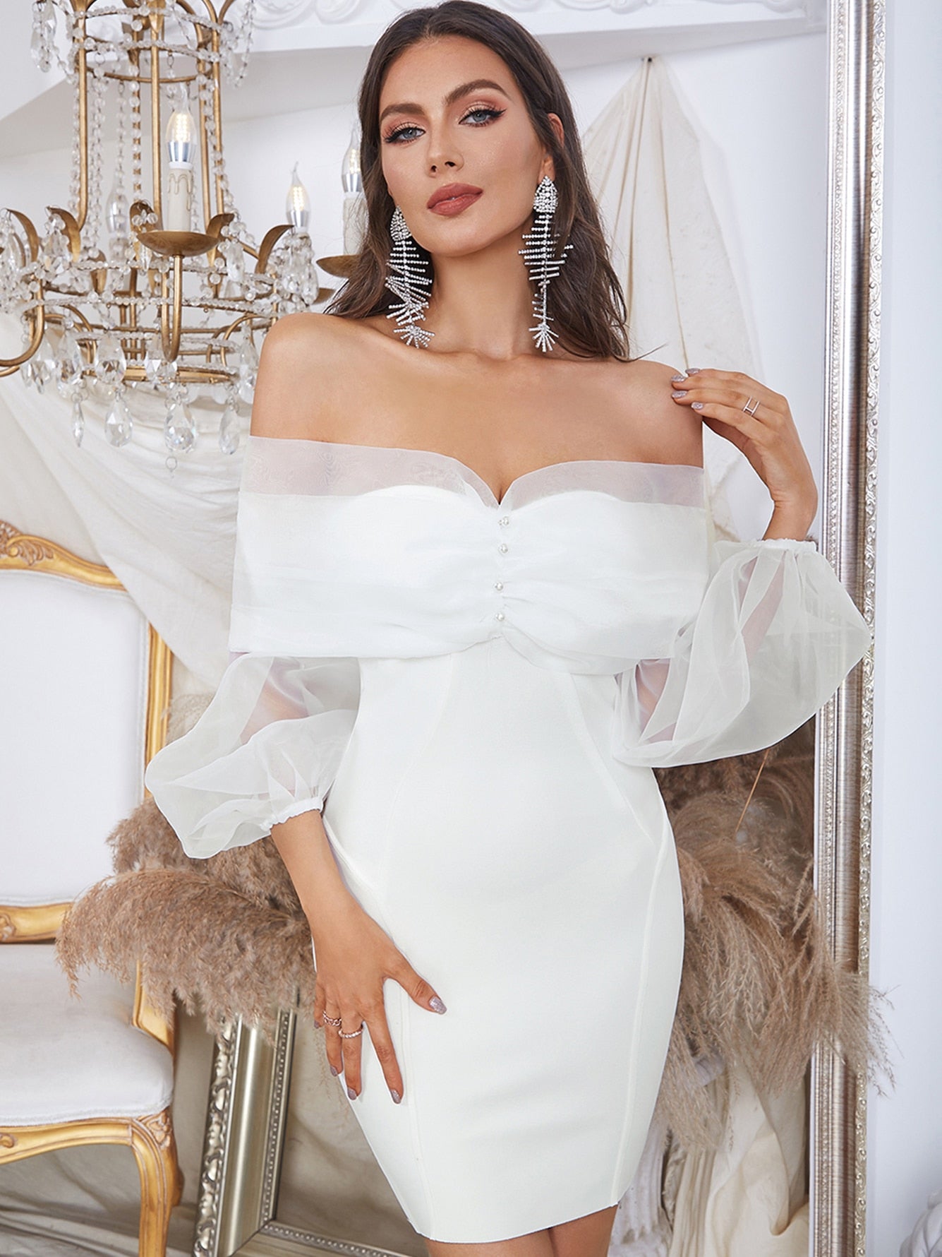 Clacive Elegant Women Mini Off Shoulder Bandage Dress Sexy Long Sleeve White Mesh Wedding Club Celebrity Evening Party Wear Dress