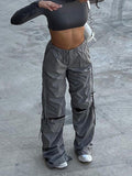 Clacive barbie outfites elegant Baggy Hip Hop Ripped Grey Cargo Pants Casual with Pockets Loose Wide Leg Pants Women Drawstring Jogging Sweatpants