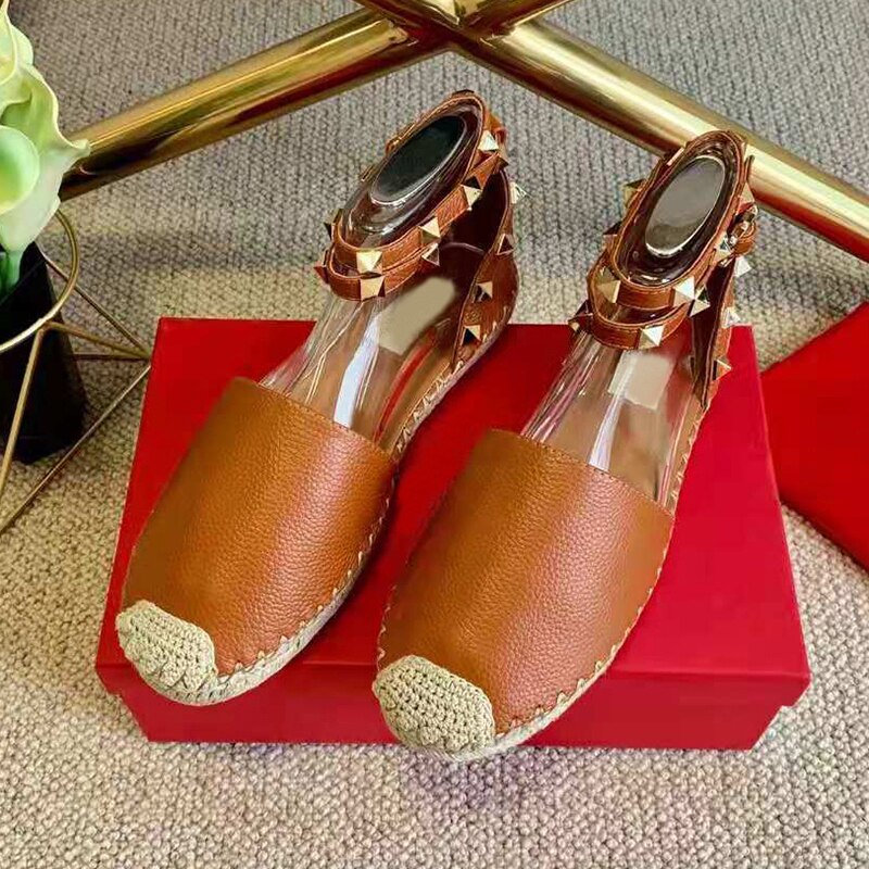Clacive  Hemp Rope Weave Flat Thick Sole Shoes Women Real Leather Metal Rivet Ankle Strap Single Shoes Ladies Spring Autumn Loafers
