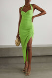 Clacive  Sexy V-Neck Sleeveless Sexy Solid Green Beach Vocation Split Asymmetric Dress