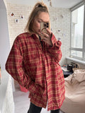 Fall outfits back to school 18 Street Style Red Plaid Shirts Women Irregular Long Sleeves Oversized Blouses Spring 2023 Loose Gingham Tops Trendy
