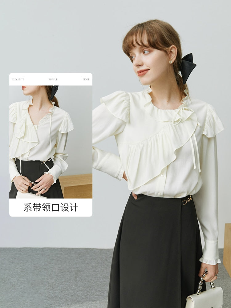 Clacive Fall outfits back to school  French Gentle Style Sweet Ruffled Women Shirts Autumn Design Sense Vintage Elegant Office Lady Solid Color Female Blouses