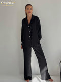 Clacive Summer Black Satin Lapel Shirts Set Woman 2 Pieces Casual Loose Pants Set Female Elegant High Waist Wide Trouser Suits