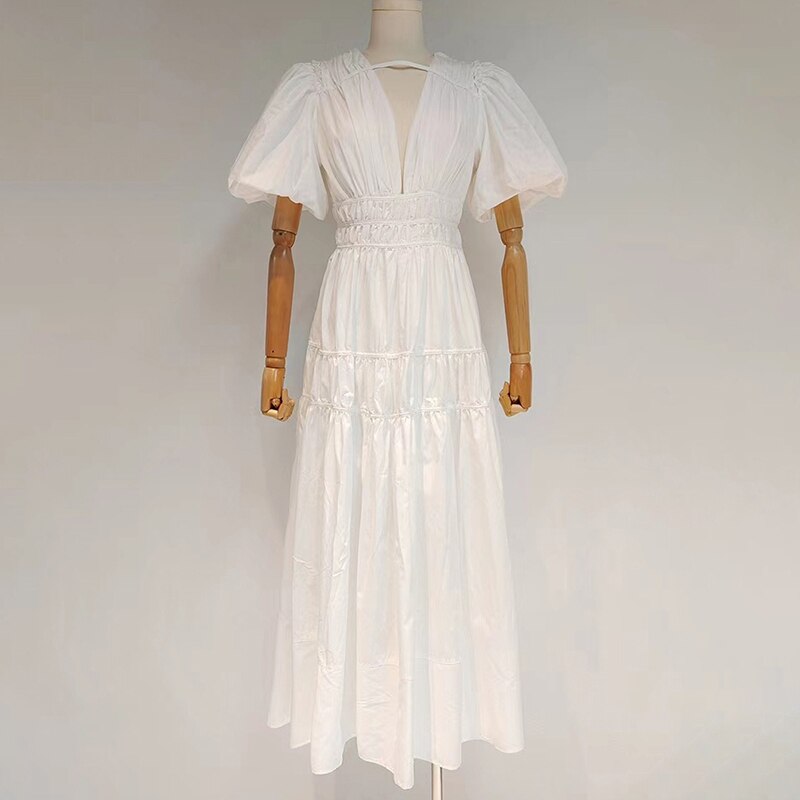 Clacive  Casual Plain Dress For Women V Neck Short Loose Puff Sleeve Patchwork Folds High Waist Midi Summer Dresses Female  Style