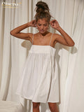 Clacive Sexy Spaghetti Strap White Dress Woman Summer Fashion Loose Simple Mini Dresses Elegant Ruched Backless Female Dress