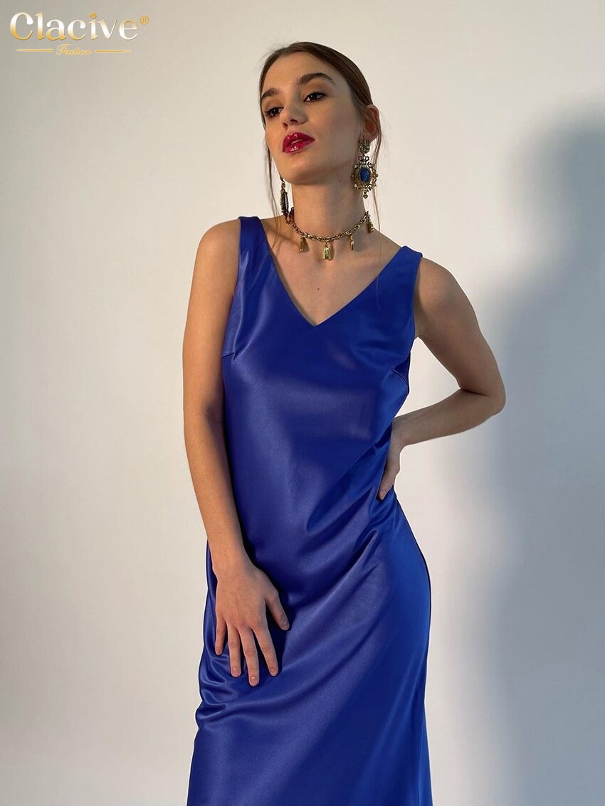 Clacive Sexy V-Neck Blue Satin Women'S Dress  Summer Bodycon Sleeveless Midi Dresses Elegant Slim Classic Female Dress