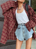 Fall outfits back to school 18 Street Style Red Plaid Shirts Women Irregular Long Sleeves Oversized Blouses Spring 2023 Loose Gingham Tops Trendy