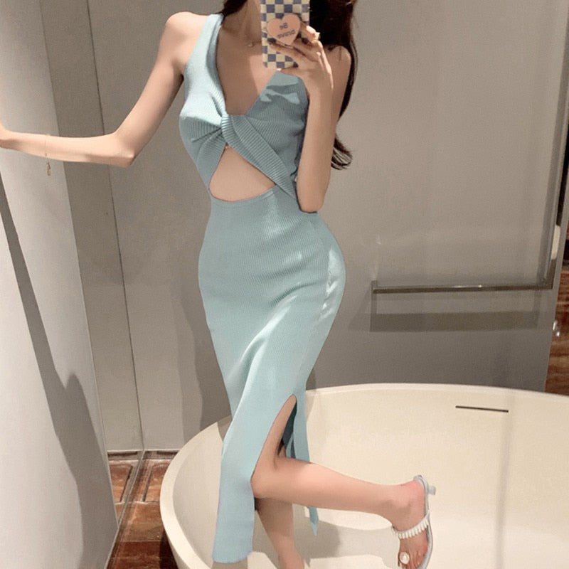 Clacive Split Knit Dress Summer Kink Hollow Out Sexy Slim Wrap Hip Korean Style Solid Color Elegant Evening Party Dress Female Chic