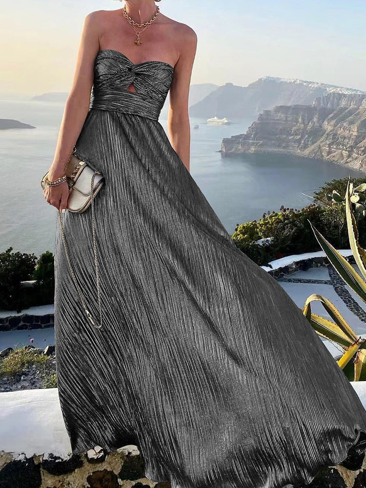 Clacive  Sexy Twist Tube Top Hollow Maxi Dress Fashion Sleeveless Off Shoulder Waisted Long Dress Women Vintage Elegant Solid Party Dress