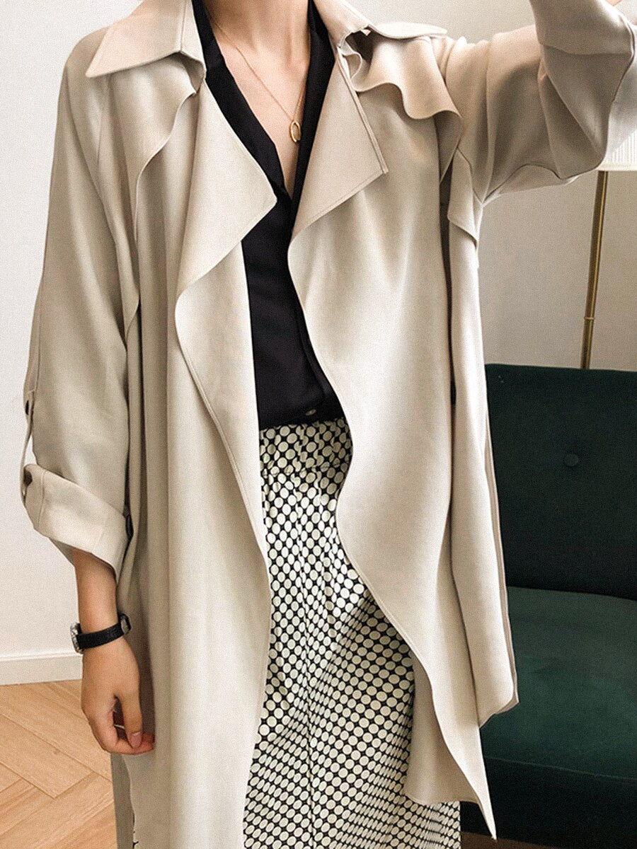 Clacive Solid Simple Trench Coat  Spring Autumn Femme Long Sleeve Belt Jacket Elegant Vintage Office Lady Outerwear Tops