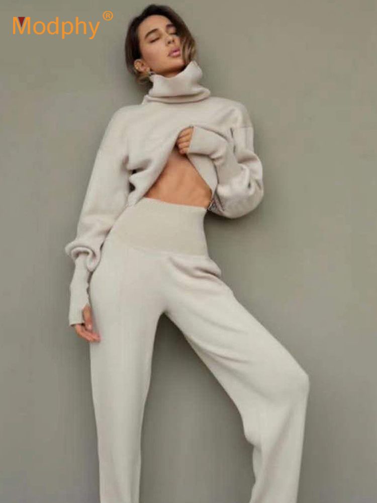 Clacive Turtleneck Sweater 2 Pieces Set Women Setchic Knitted Pullover Top + Sweater Pants Jumper Tops Trousers Sweater Suit  Winter
