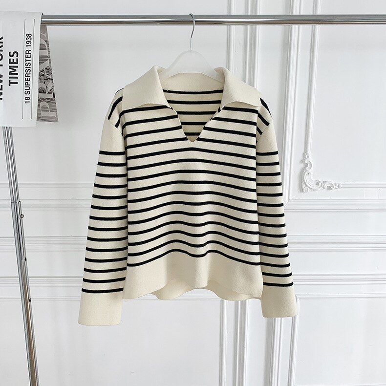 Clacive Striped Chic Sweaters Woman Spring Long Lantern Sleeve V Neck Cotton Pullover Top Female Casual Vintage Jumper Sweater